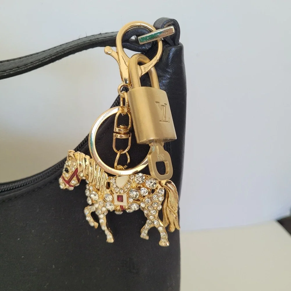 Louis Vuitton Padlock 303 & Rhinestone Horse Bag Charm Keychain Gold Tone